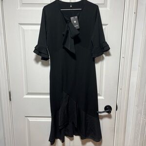 Yacun Black 3/4 Slv Bow Tie Party Dress Satin Layered Ruffled Hem Sz MED NWT